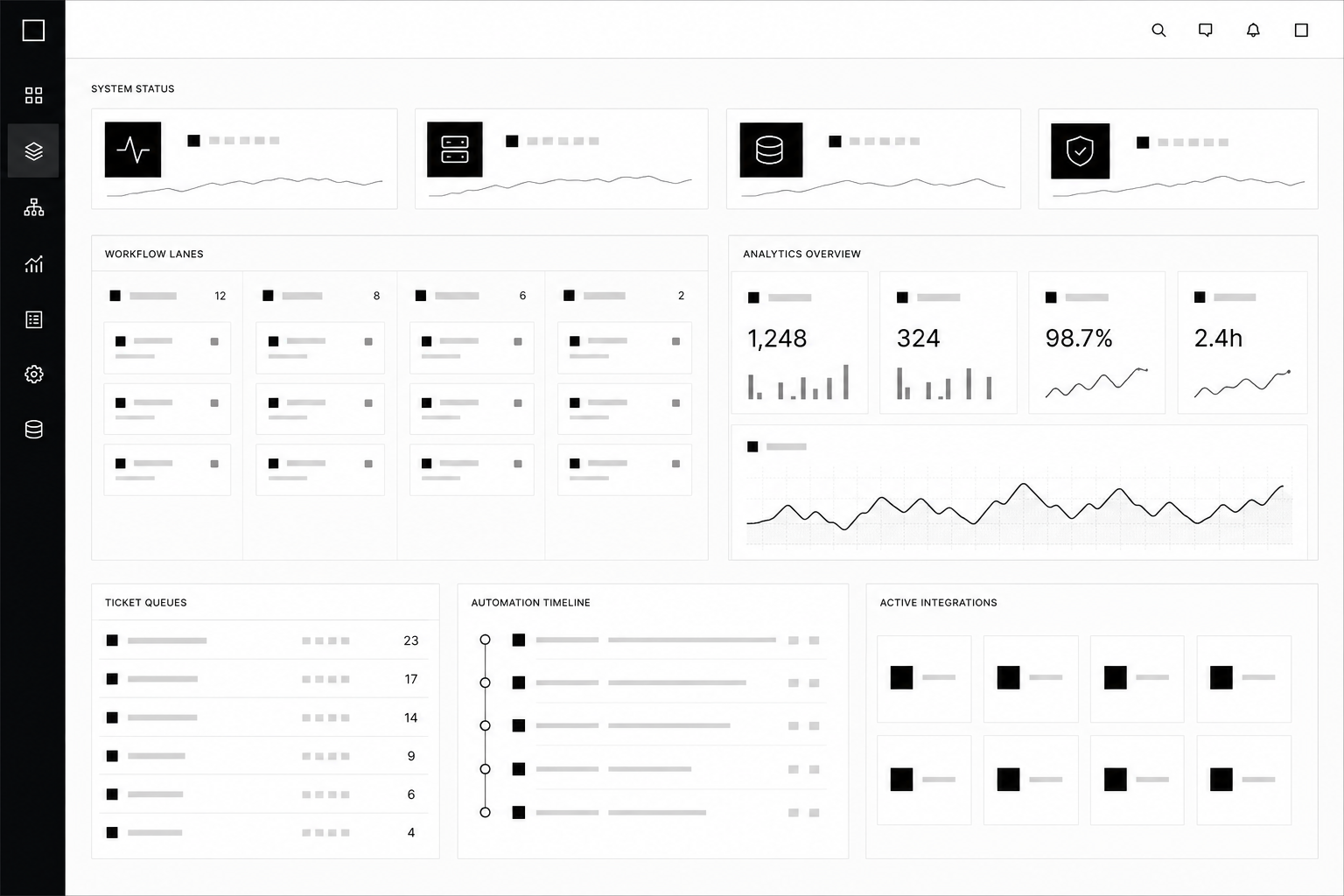 Monochrome operations dashboard with workflow lanes and analytics panels